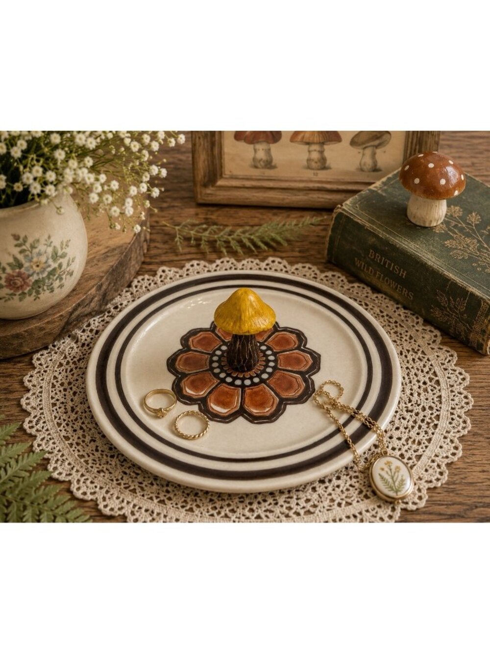 Handmade Upcycled Mushroom Trinket Dish Vintage Plate Cottagecore Decor